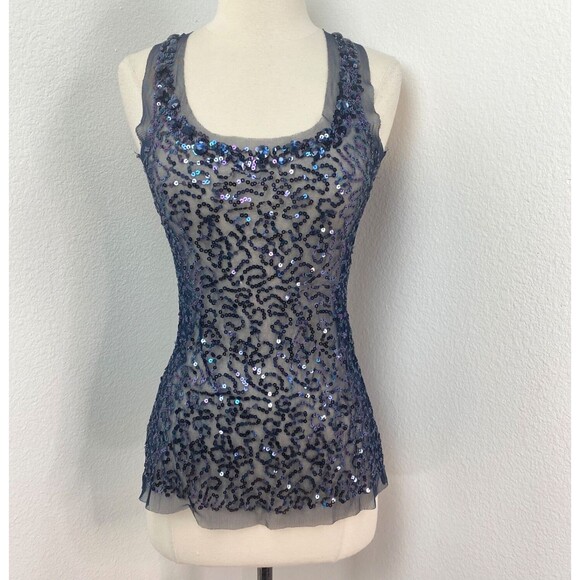 Twenty One Dark Blue Sheer Sequin and Beaded Tank Top Small Sexy Party Festival - Picture 1 of 9